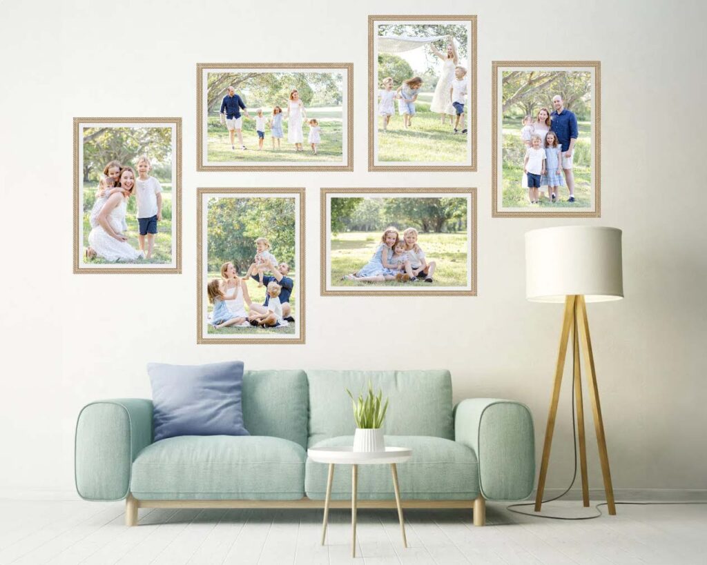 Photo gallery wall with posed and candid photos of a young family of five. Sharon Joseph Photography, Brisbane Family Photography.