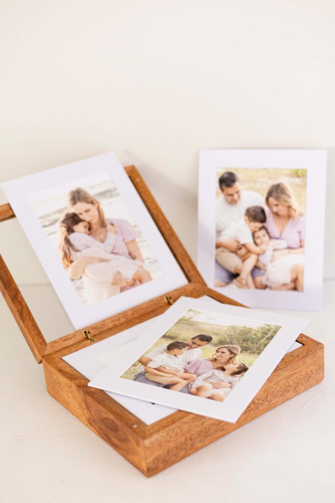 Wooden Photo Box with Matted Photo Prints inside. Sharon Joseph Photography, Brisbane Family Photos