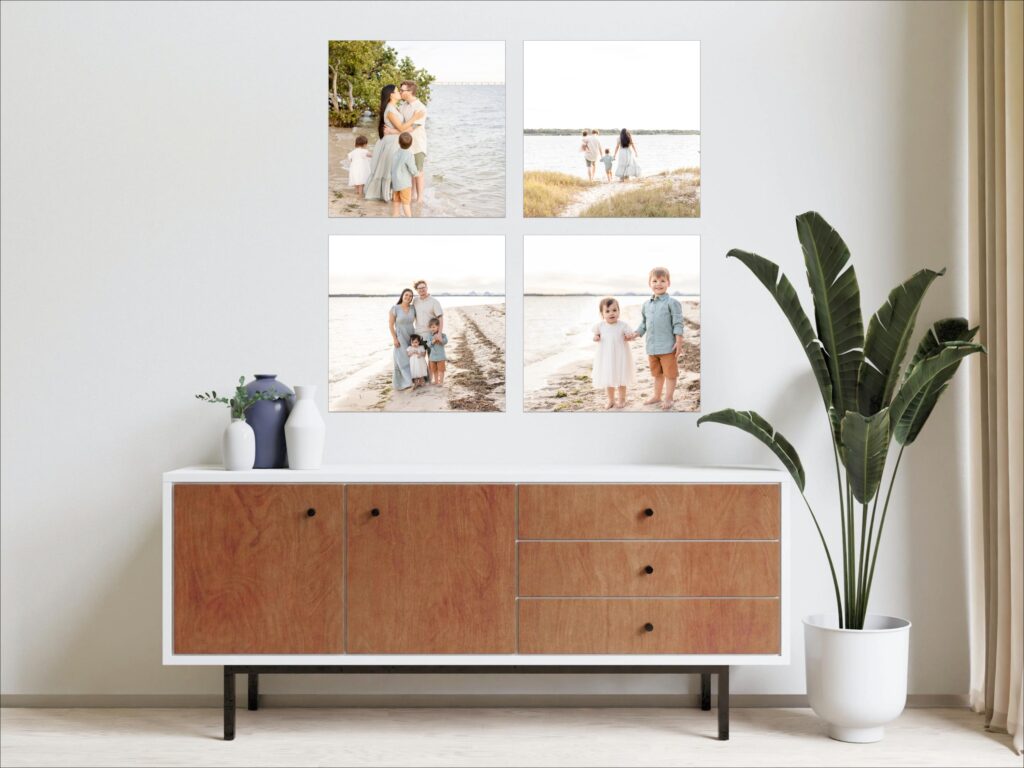 Photo gallery wall with four square photos of a family at the beach, taken during their fun and relaxed family photoshoot in North Brisbane
